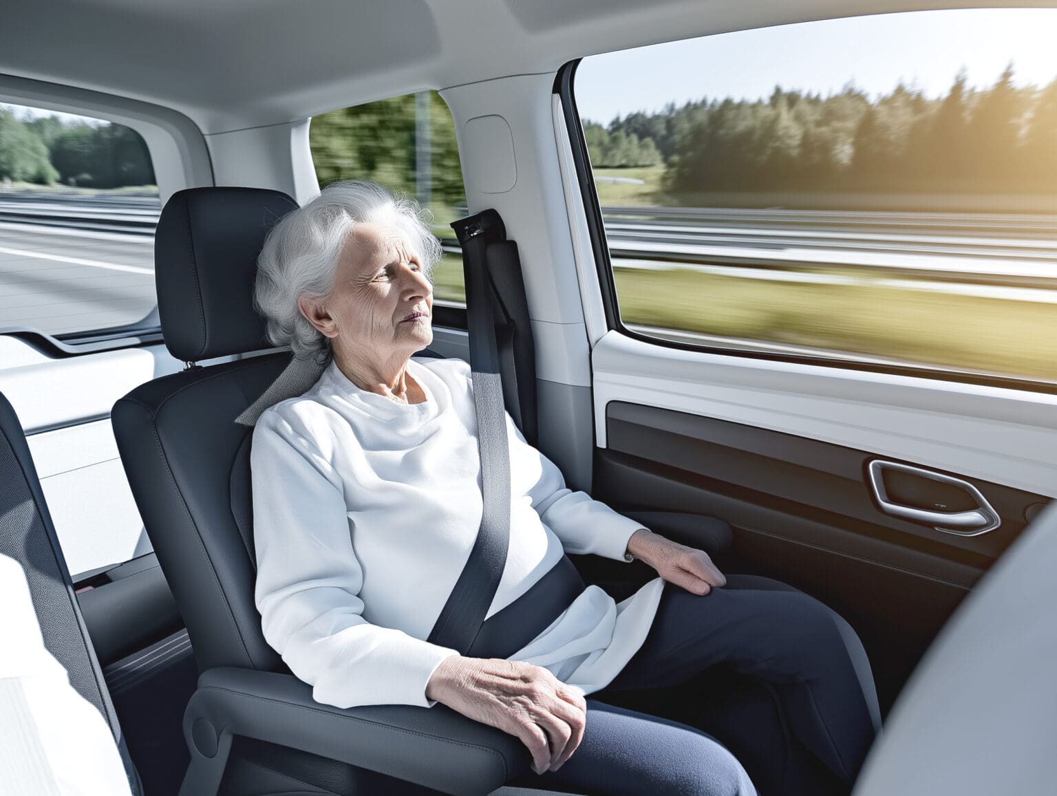 Innenansicht eines modernen Auto mit getönten Fenstern auf der Autobahn. Eine ältere Patientin sitzt bequem auf dem Rücksitz, mit einem Drei-Punkt-Gurt gesichert, und schaut lächelnd aus dem Fenster.
