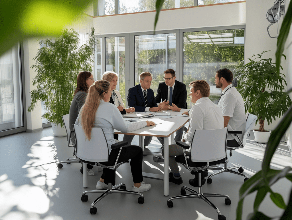 Eine Gruppe von Geschäftsleuten in Anzügen und Gesundheitsfachkräften vom Verband der Kranken- und Behindertenfahrdienste in NRW diskutiert Ziele und Strategien in einem modernen, hellen Büro.