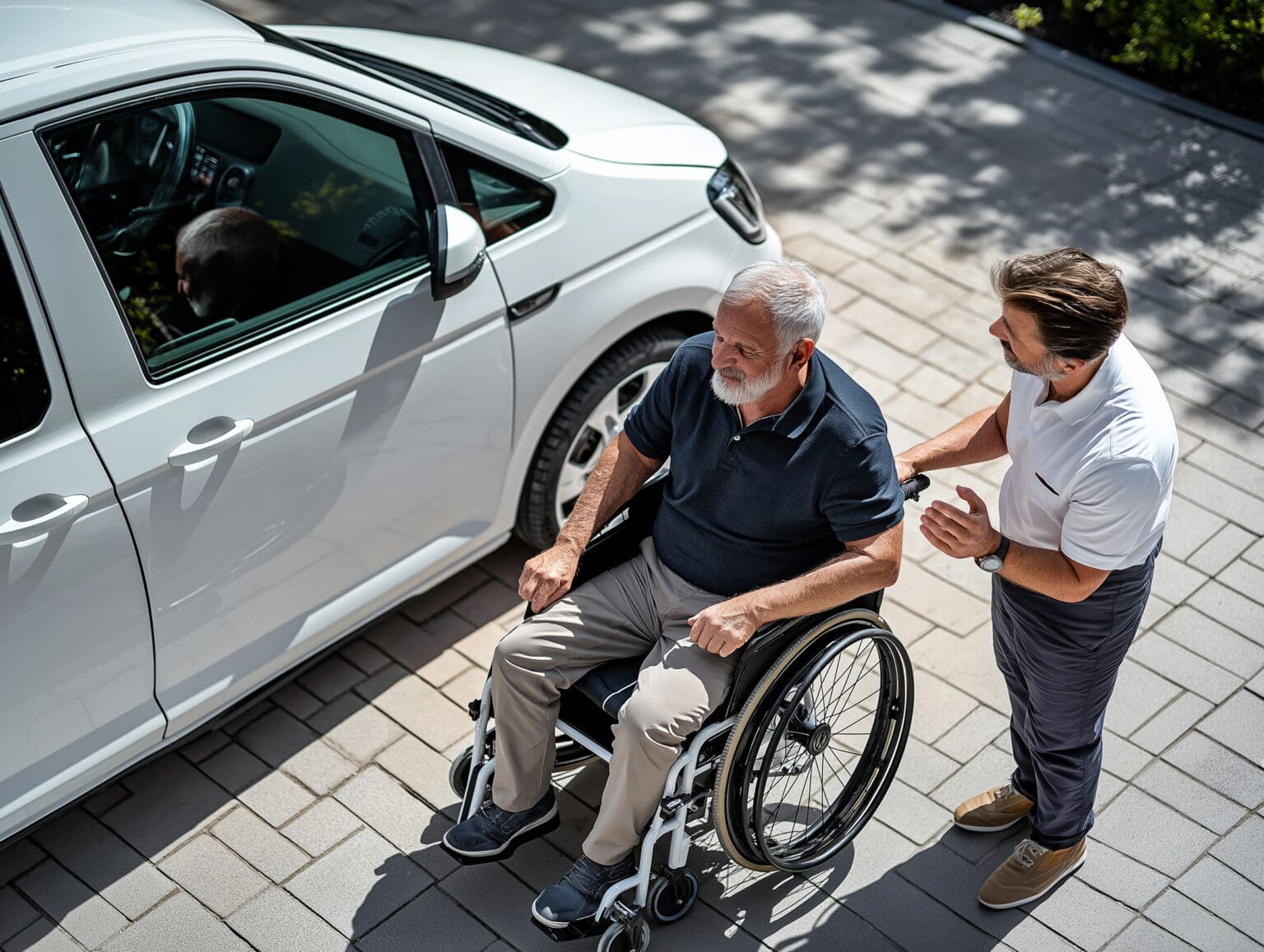 Älterer Mann im Rollstuhl neben einem weißen Transportfahrzeug, während eine Transportkraft den Rollstuhlgriff hält.