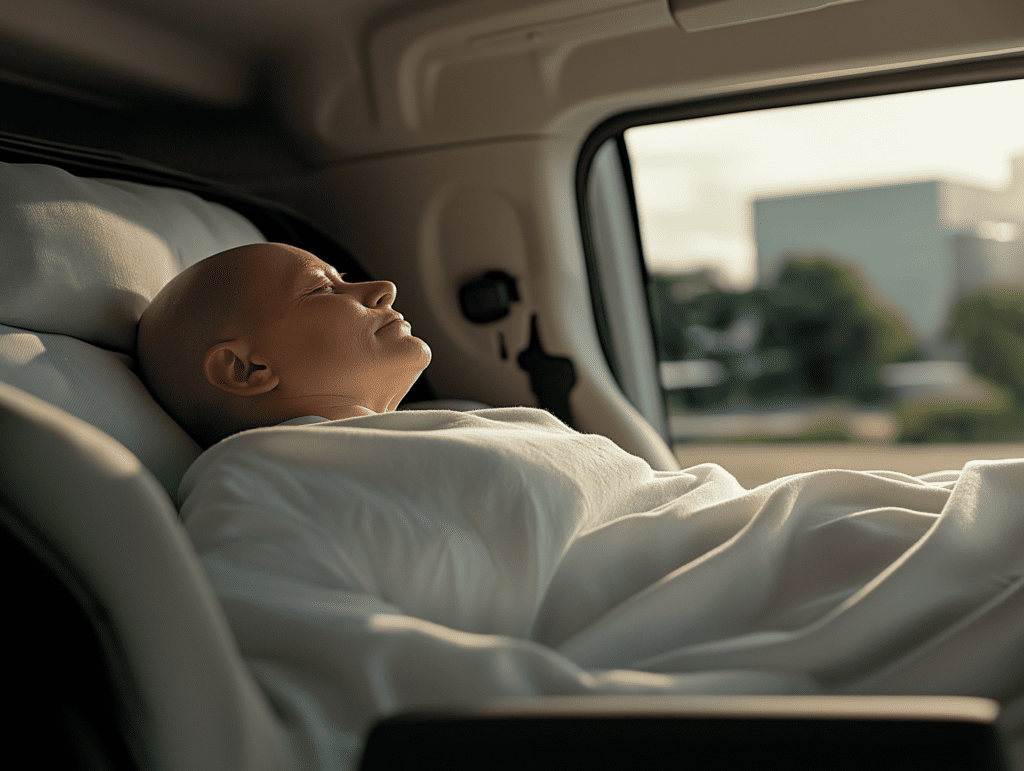Frau wird im Liegendwagen zum Chemotherapie-Termin transportiert